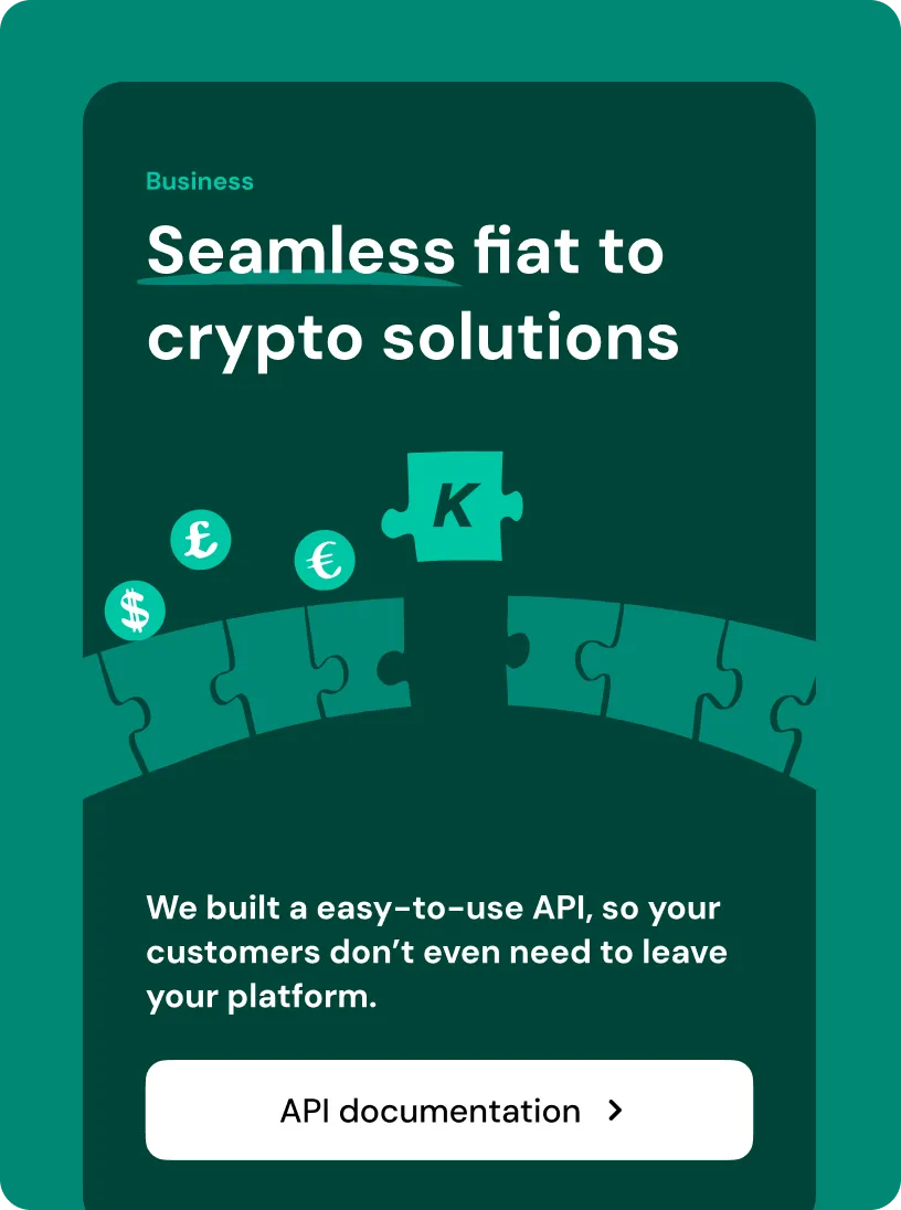 Business ad promoting seamless fiat to crypto solutions with puzzle pieces featuring currency symbols including dollar, pound, euro, and a letter K puzzle piece, highlighting an easy-to-use API.