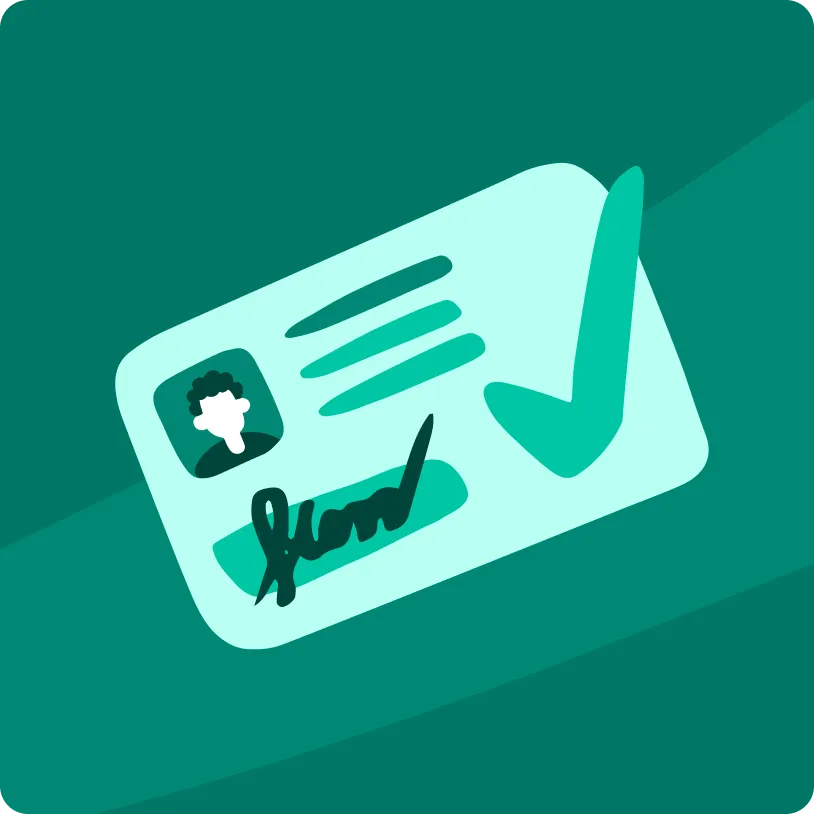 Illustration of an identification card with a photo, signature, and a large checkmark indicating approval.