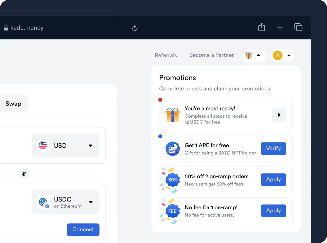 Kado.money website interface showing a swap feature with USD and USDC tokens and a Promotions panel with offers including free USDC, 1 free APE NFT gift, 50% off on-ramp orders, and no fee for one on-ramp with apply or verify buttons.