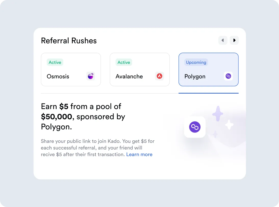 Referral Rushes section showing active Osmosis and Avalanche, and upcoming Polygon; earn $5 from a $50,000 pool sponsored by Polygon with referral details.
