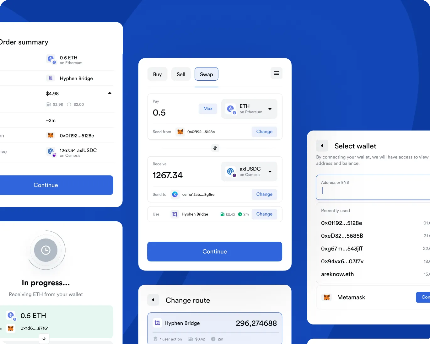 User interface for swapping 0.5 ETH to 1267.34 axlUSDC using Hyphen Bridge, showing wallet selection, order summary, and transaction progress.
