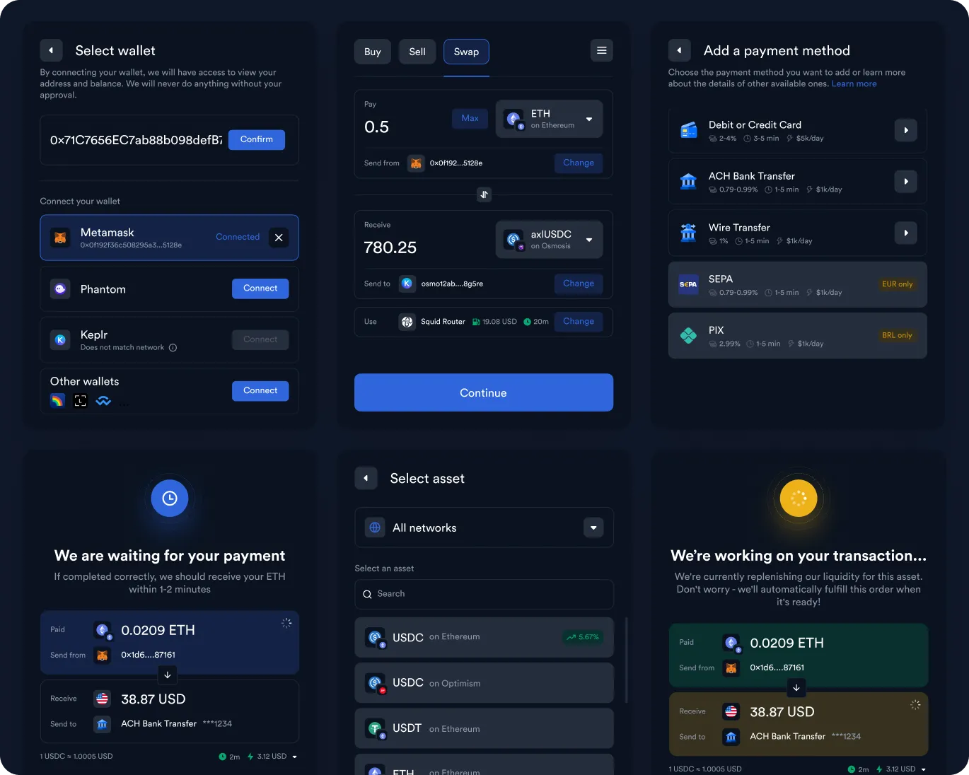 Cryptocurrency swap interface showing wallet selection, payment methods, asset selection, payment waiting status, and transaction processing details.