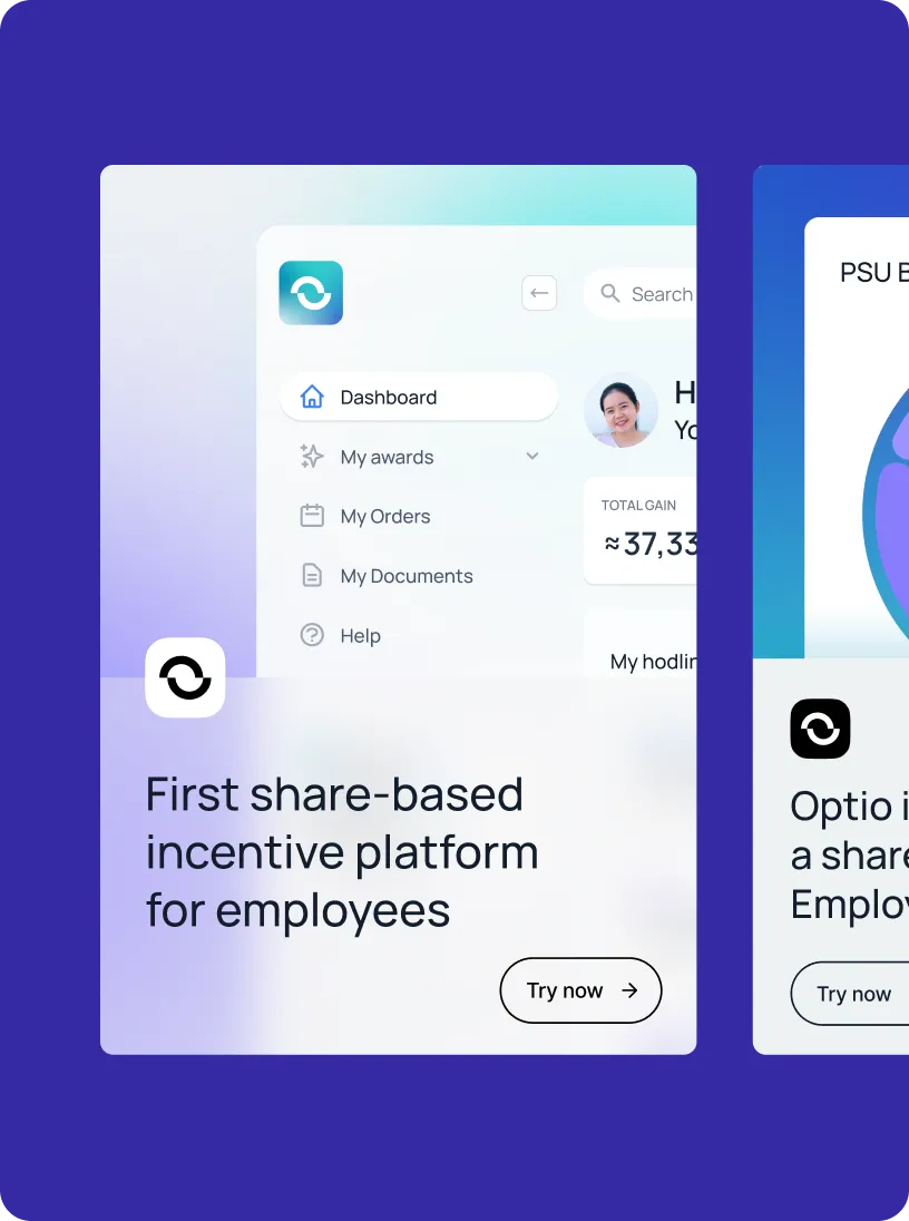 User interface dashboard of a share-based incentive platform for employees showing menu options and a summary with a profile picture and total gain.
