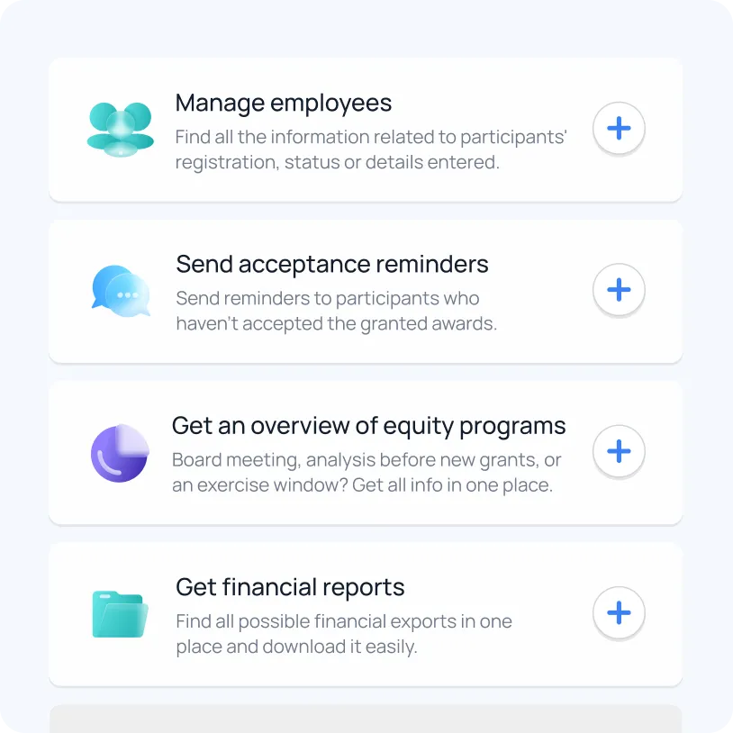 Interface showing four options: Manage employees with info on participant registration; Send acceptance reminders for unaccepted awards; Get an overview of equity programs for board meetings and analysis; Get financial reports with downloadable exports.