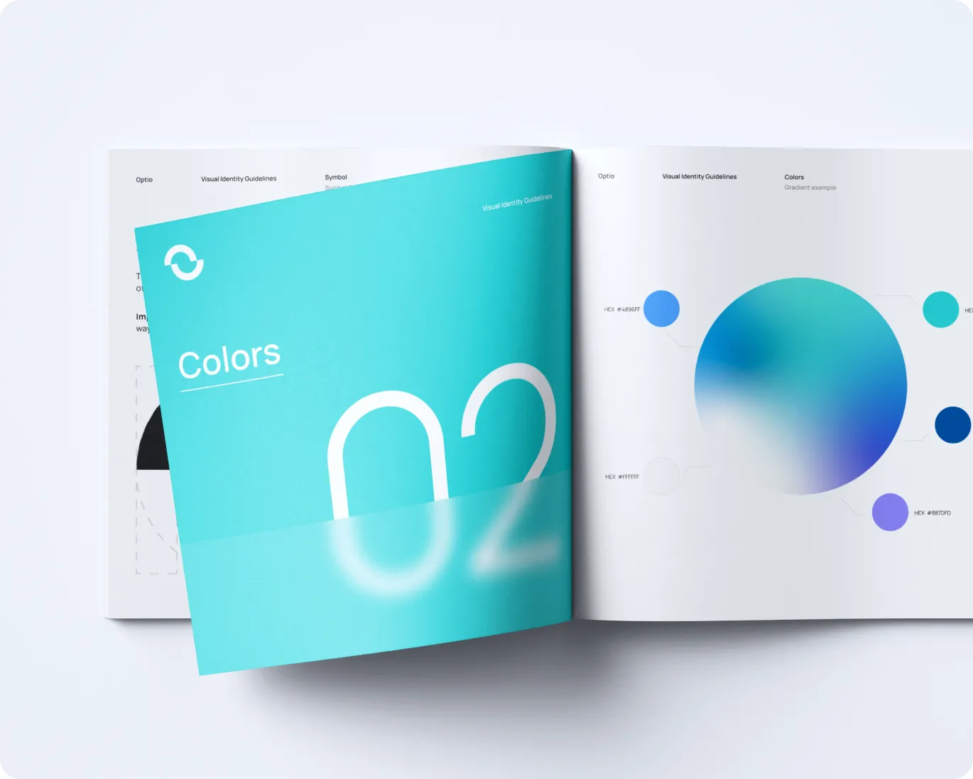 Open booklet showing visual identity guidelines with a blue gradient color palette and hex codes.