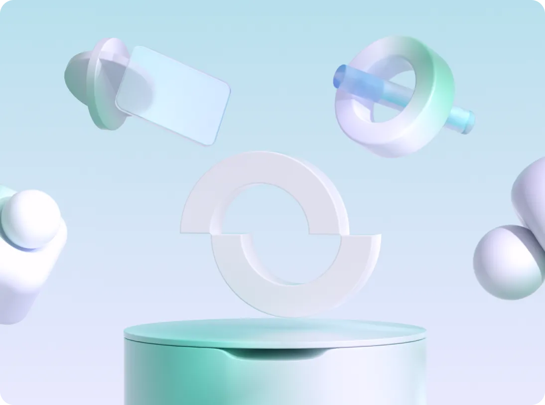 Abstract 3D shapes floating above a cylindrical pedestal with soft blue and green lighting.