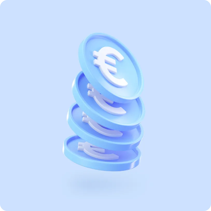 Stack of four blue coins with white euro currency symbols floating against a light blue background.