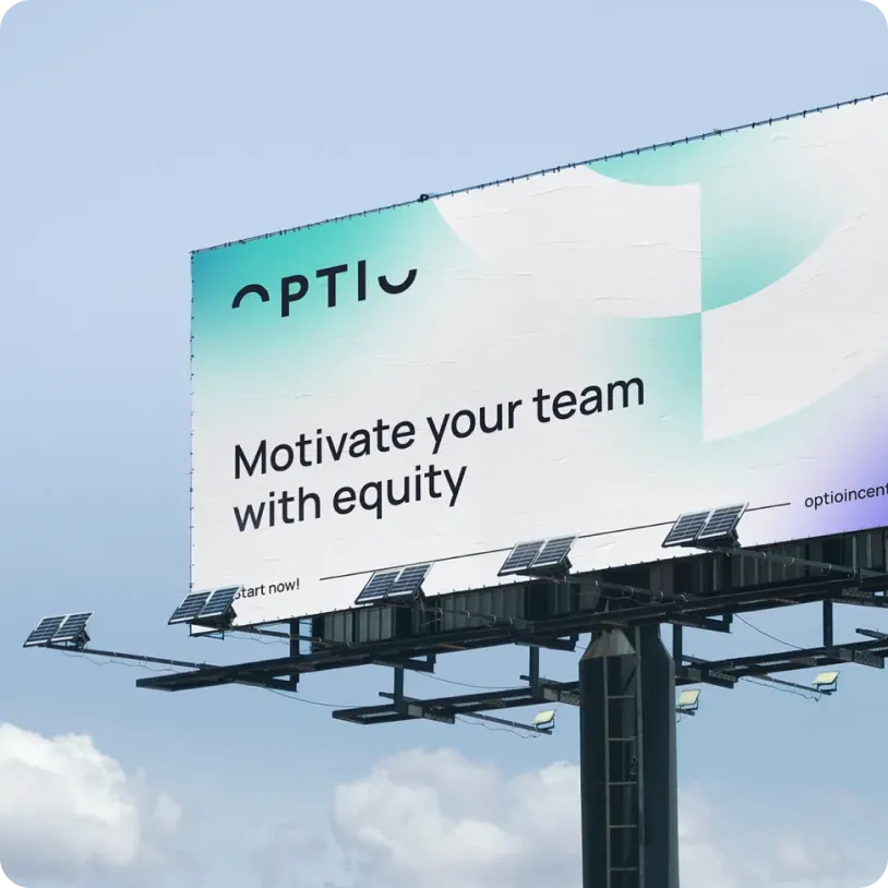 Billboard against a cloudy sky with text reading 'Motivate your team with equity' and partially visible brand name Optio.