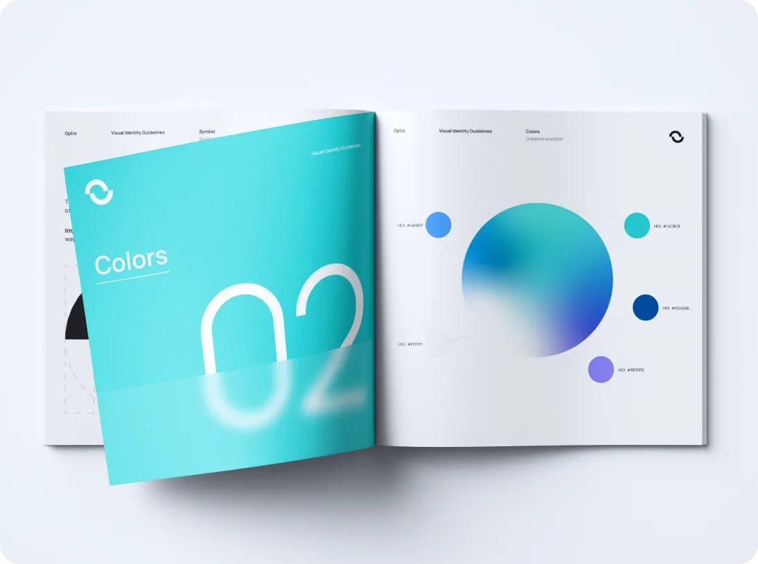 Open book showing a design guide page titled 'Colors' with a large blurred number 02 on a blue cover and a color palette with hex codes on the right page.