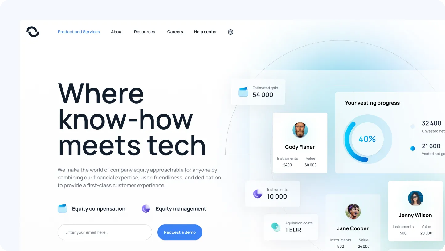 Website landing page showing equity compensation and management services with user profiles, vesting progress, and a demo request form.