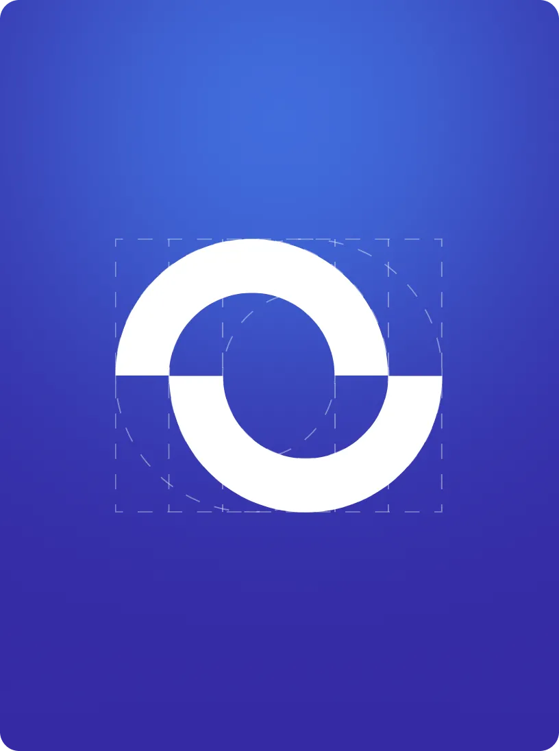 White circular intertwined shape on a blue gradient background, resembling an abstract loop or chain link design.