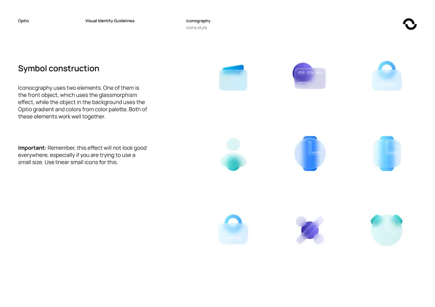 Page from Optio Visual Identity Guidelines explaining symbol construction with six colorful glassmorphic icons in blue and purple gradients arranged in a grid.