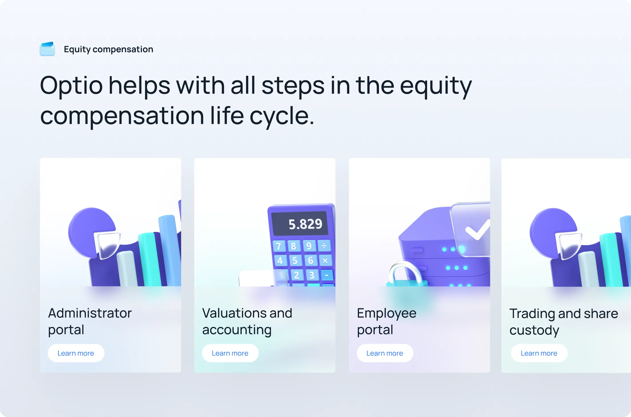 Optio equity compensation steps featuring administrator portal, valuations and accounting, employee portal, and trading and share custody.