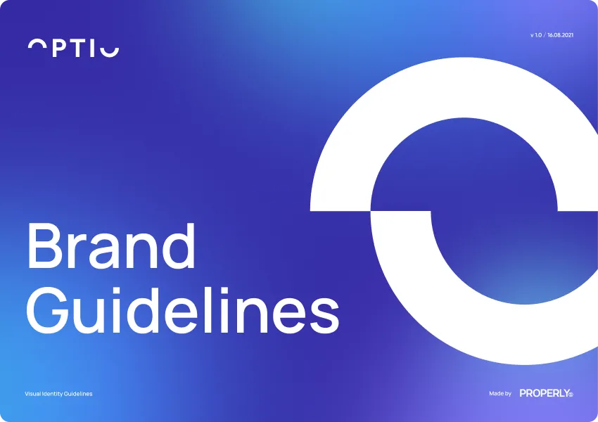 Blue to purple gradient background with white text reading 'Brand Guidelines' and a circular white logo on the right side.