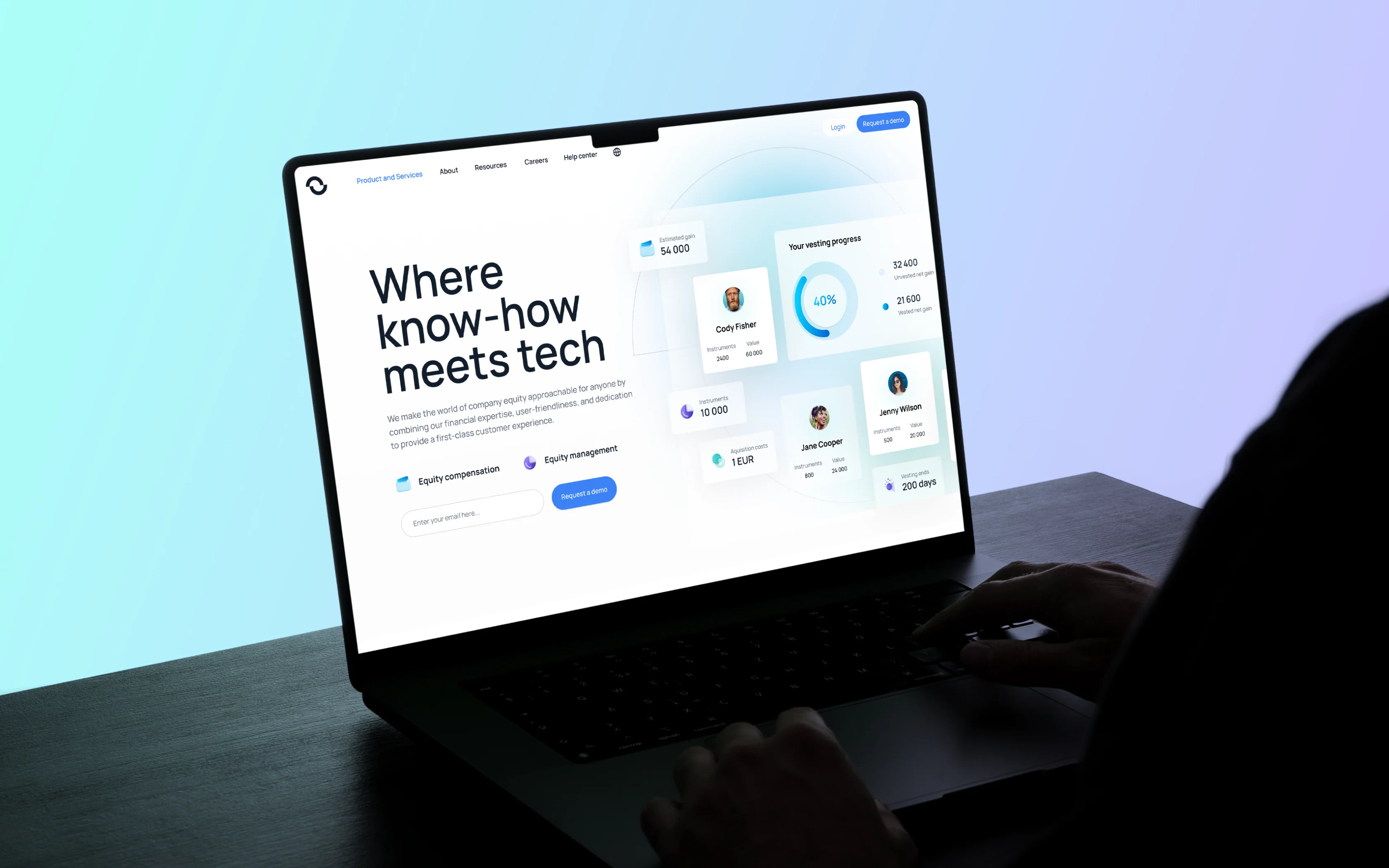 Person using a laptop displaying a webpage titled 'Where know-how meets tech' with equity compensation and management information.