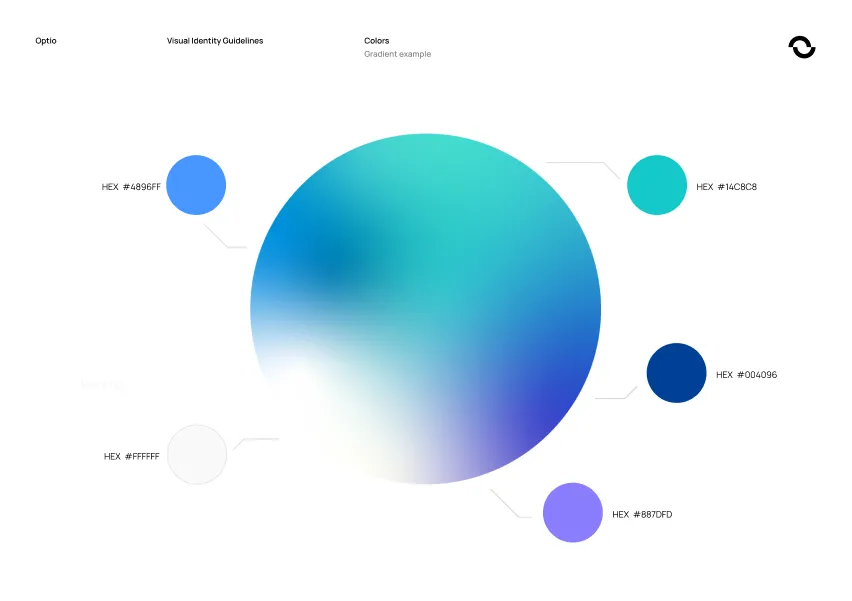 Circular gradient example showing a color blend from turquoise to blue with five hex color codes around it: #4896FF, #14C8C8, #004096, #887DFD, and #FFFFFF.