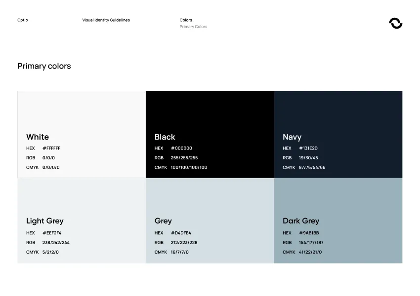 Color palette of primary colors with White (#FFFFFF), Black (#000000), Navy (#131E2D), Light Grey (#EEF2F4), Grey (#D4DFE4), and Dark Grey (#9A91B8) including HEX, RGB, and CMYK codes.