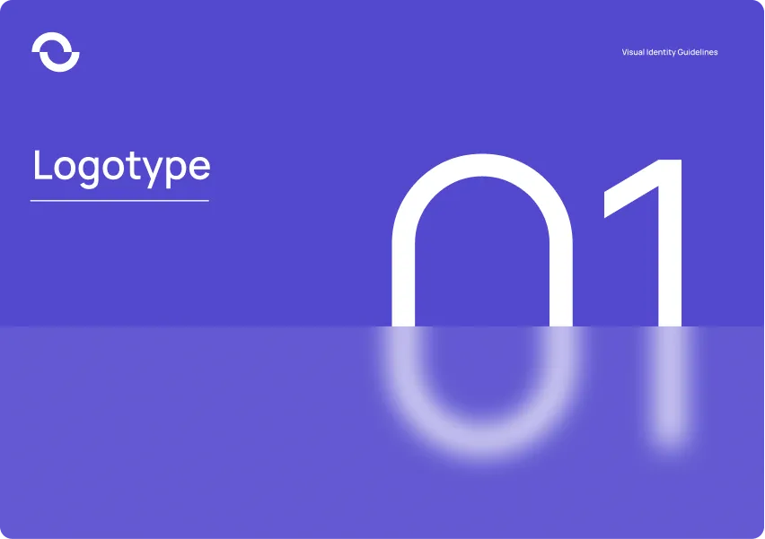 Purple background with small white circular logo at top left, text 'Logotype' underlined on left, large white number 01 with blurred reflection below, and 'Visual Identity Guidelines' in small text at top right.