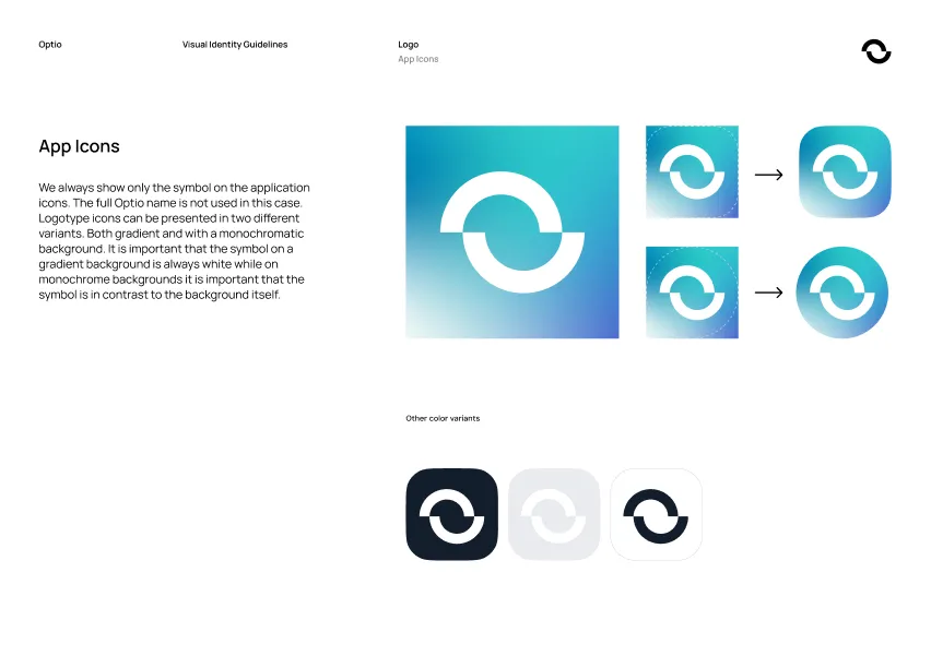 Visual identity guidelines showing Optio app icons with a white circular segmented symbol on gradient blue and monochrome backgrounds, including color variants and rounded corner adaptations.