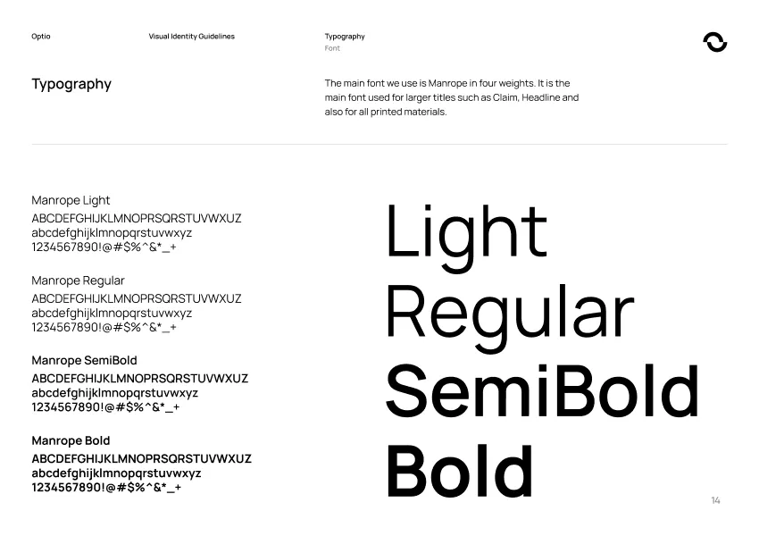 Typography guidelines showing Manrope font in four weights: Light, Regular, SemiBold, and Bold with uppercase, lowercase, numbers, and symbols samples.