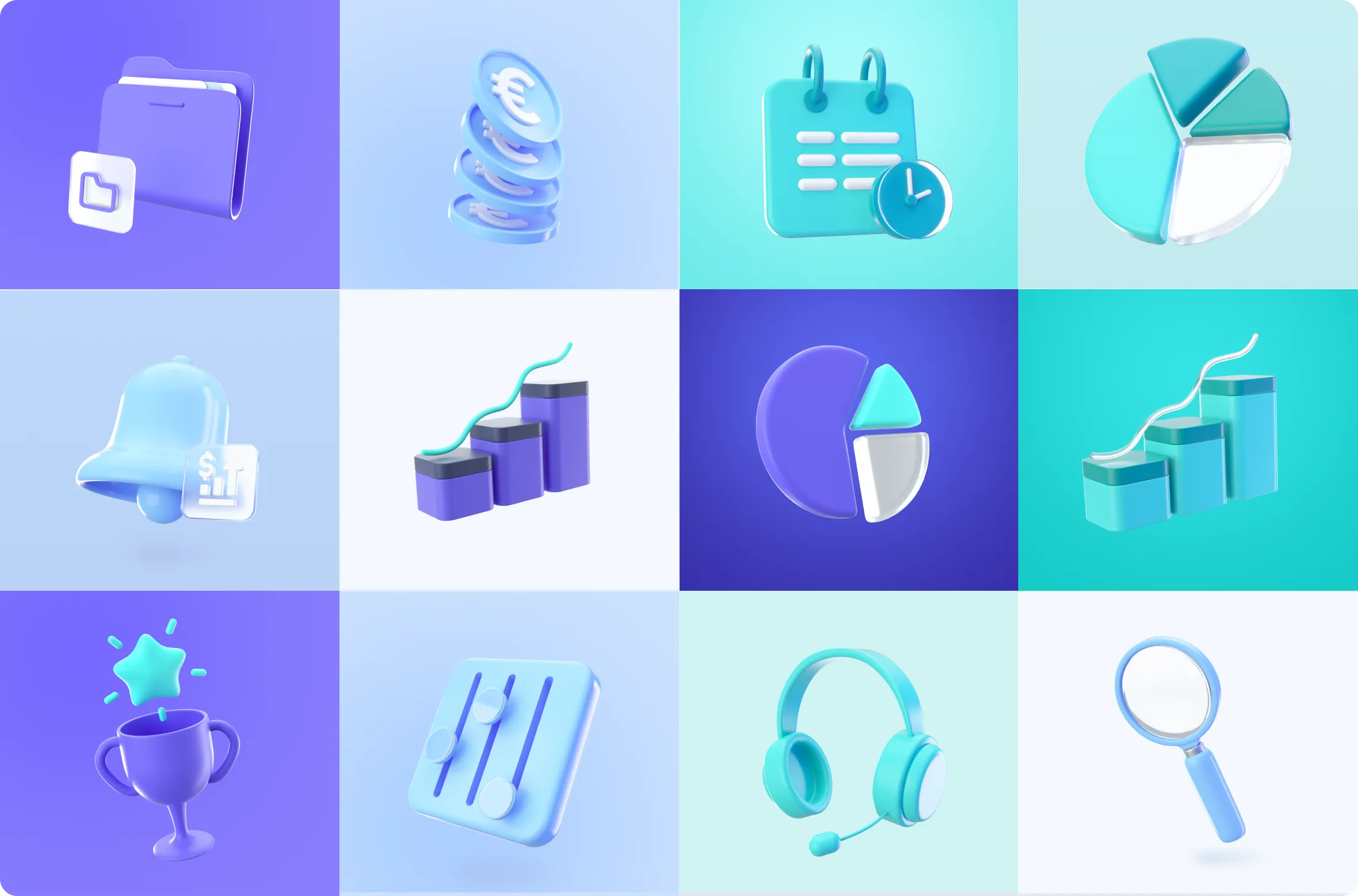 Grid of twelve 3D icons including folder, euro coins, calendar with clock, pie charts, notification bell, bar graphs, trophy, slider controls, headset, and magnifying glass in blue and turquoise tones.