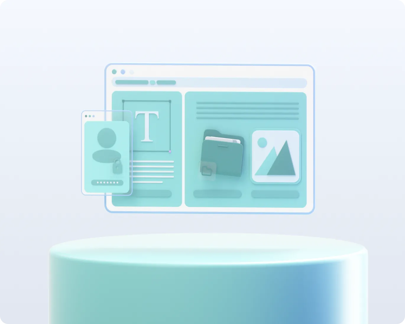 Digital interface with text editing, folder, image icon, and a login screen popup above a round pedestal.