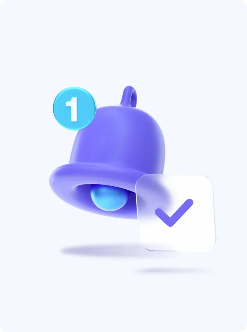 3D purple notification bell with a blue badge showing the number 1 and a floating checkmark icon.