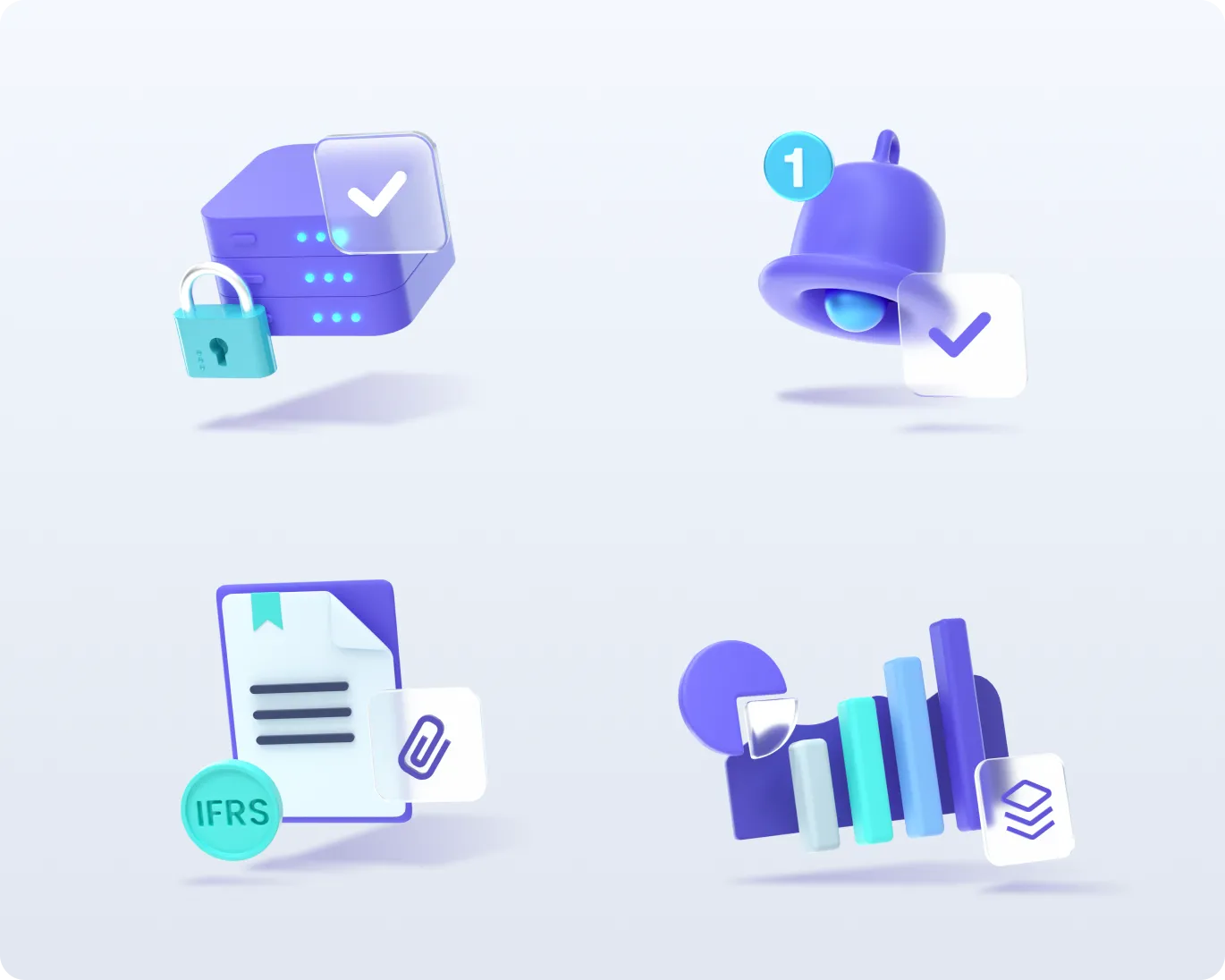 Four purple and blue 3D icons: secured servers with a lock and checkmark, notification bell with a checkmark and one alert, a document labeled IFRS with a paperclip, and a colorful bar chart with stacked layers icon.