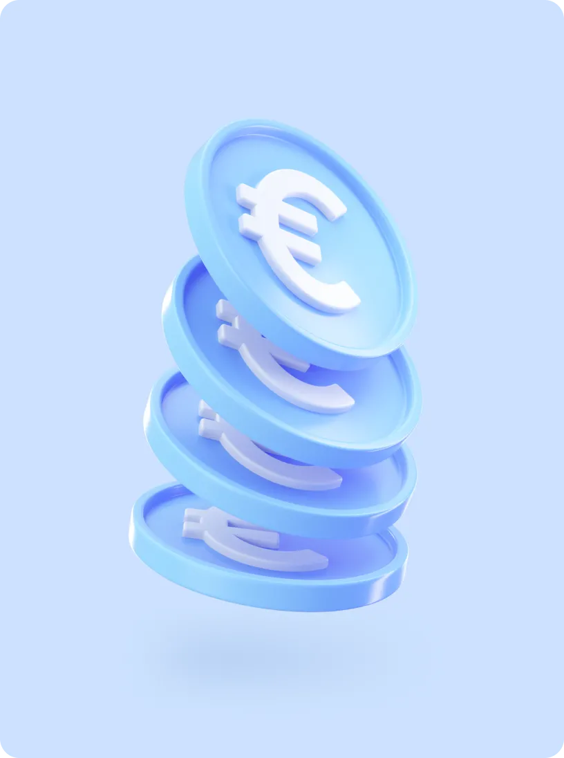 Stack of four blue coins with white Euro currency symbols on a light blue background.