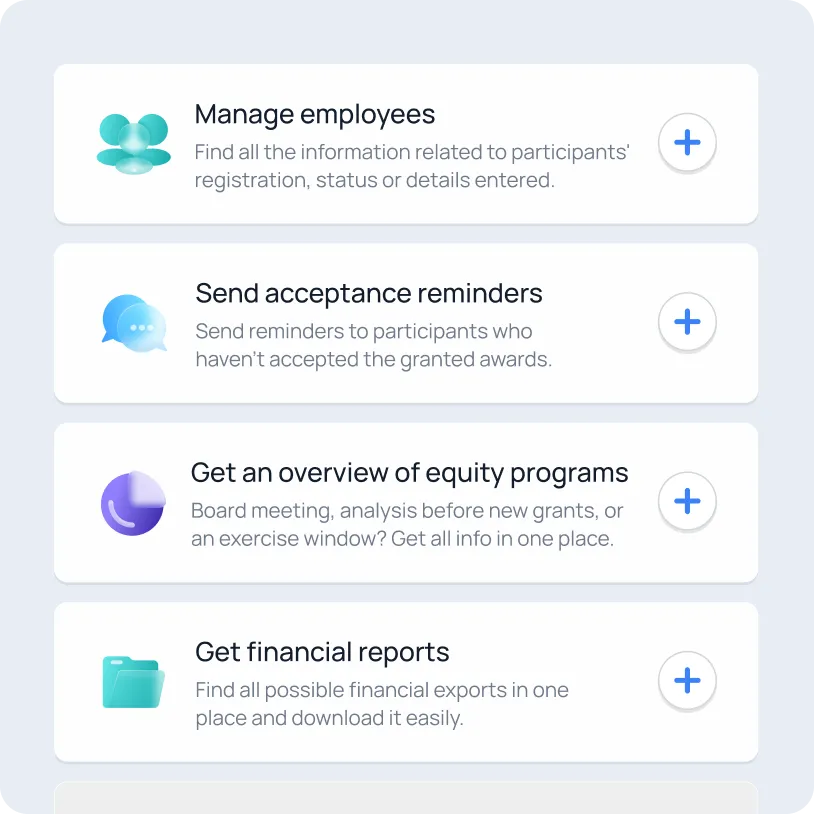 Four dashboard options with icons and descriptions: Manage employees, Send acceptance reminders, Get an overview of equity programs, and Get financial reports, each with a plus sign to expand.