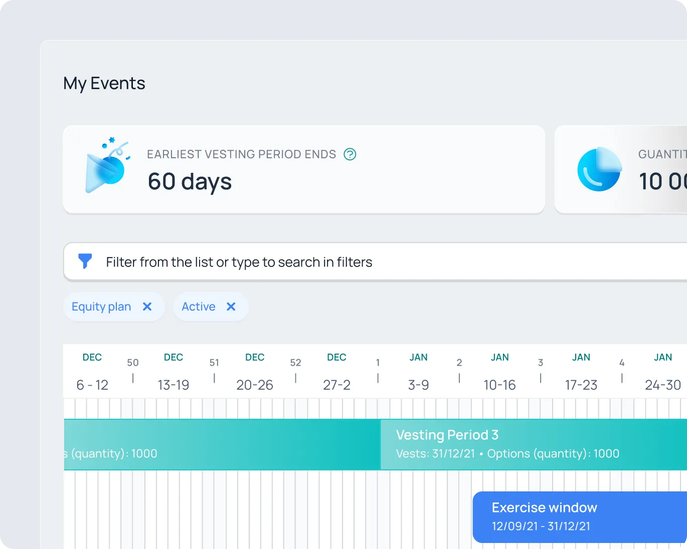 User interface showing 'My Events' with earliest vesting period ending in 60 days, a filter bar with 'Equity plan' and 'Active' filters, and a timeline from December to January highlighting Vesting Period 3 and an exercise window.
