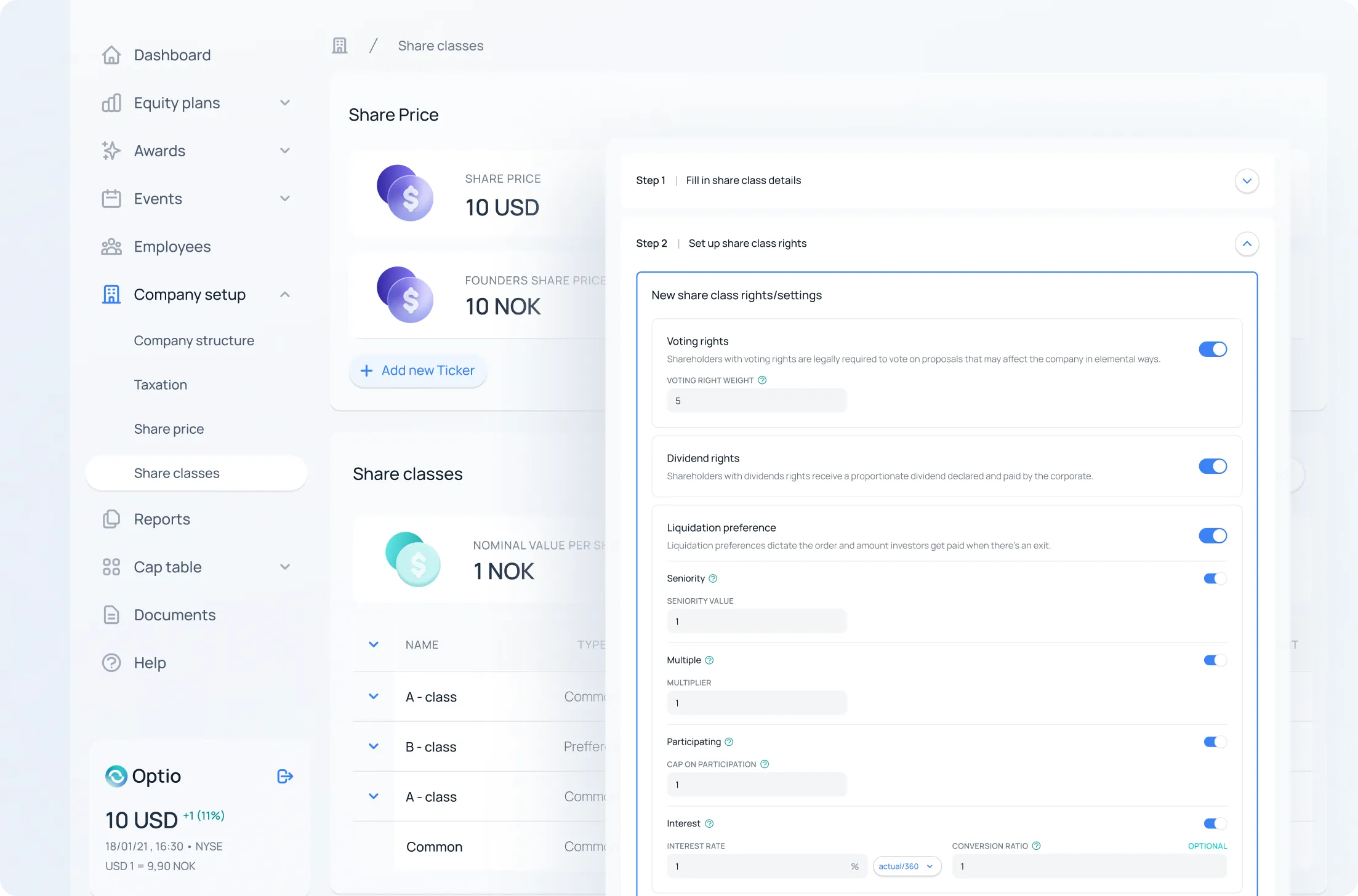 User interface displaying share price settings, share classes, and configuration options for voting rights, dividend rights, and liquidation preferences.