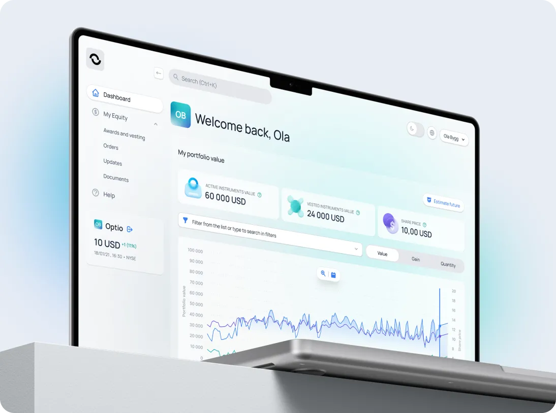 Laptop screen showing a portfolio dashboard with portfolio value, active and vested instruments value, and share price graph.