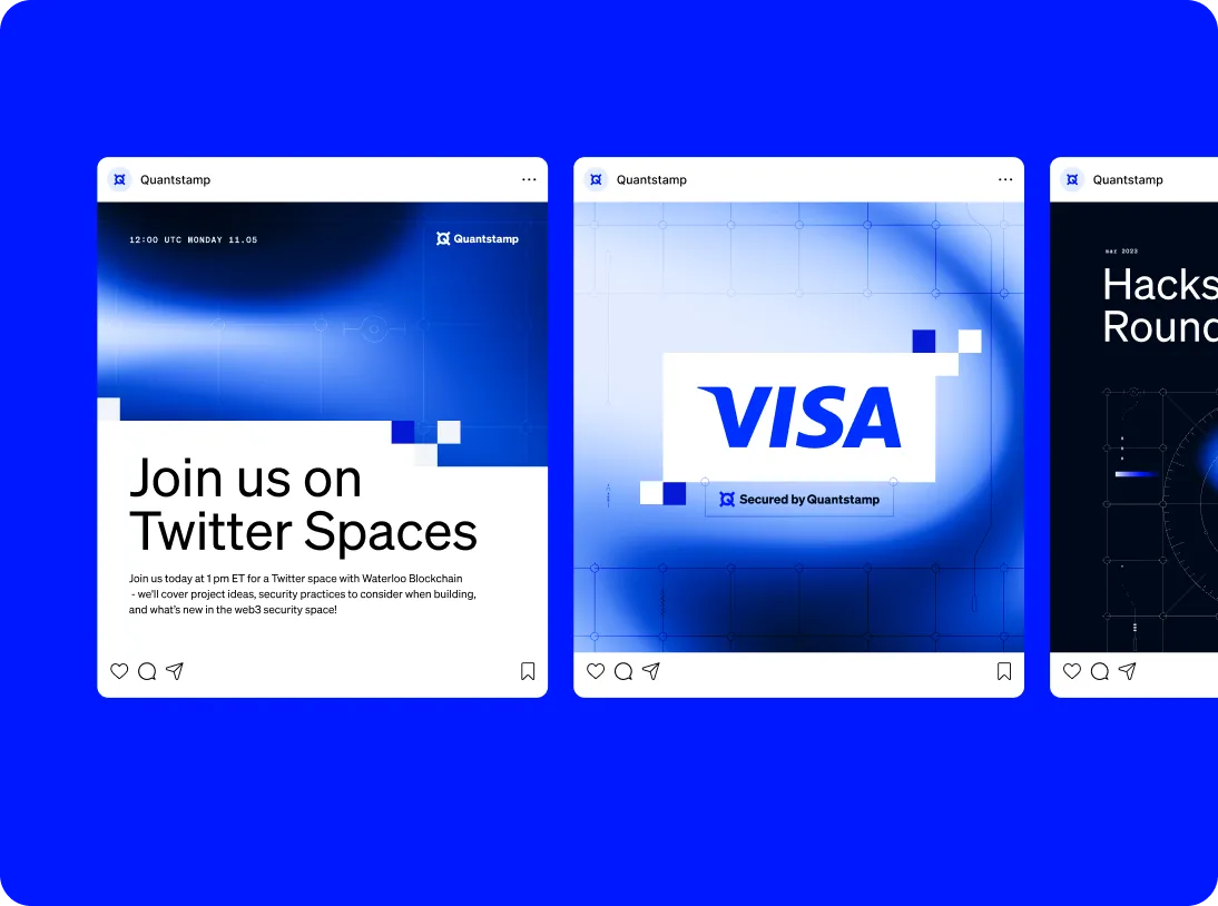 Three digital cards with Quantstamp branding on blue background; first invites to join Twitter Spaces with Waterloo Blockchain, second shows VISA secured by Quantstamp, third partially visible mentioning Hacks Round.