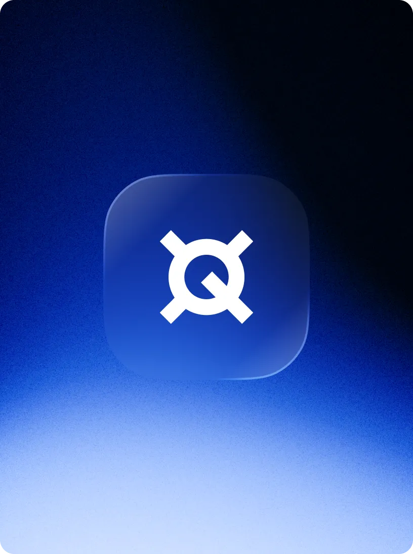 White Quantstamp logo inside a rounded blue square on a dark to light blue gradient background.