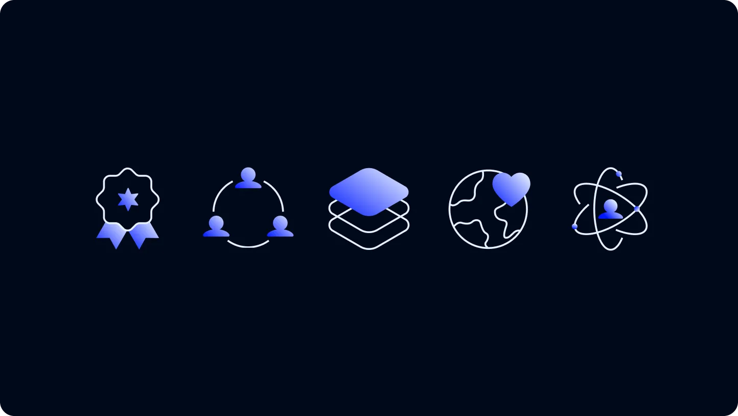 Five blue and white gradient icons on dark background: award ribbon, three connected user figures, three stacked layers, globe with heart, and atomic structure with person in center.