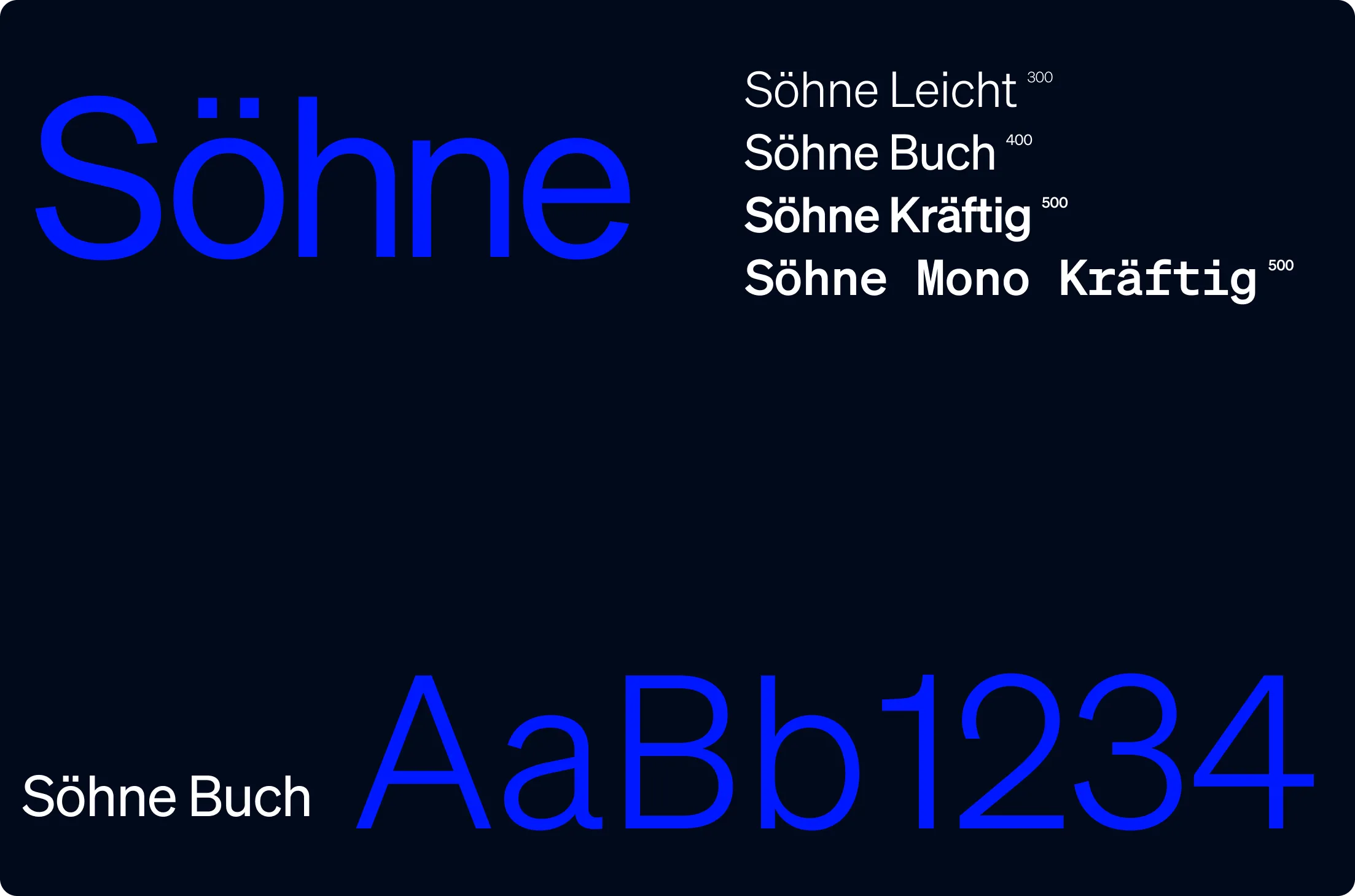 Typography samples of font family Söhne showing different weights and styles with blue and white text on a dark background.