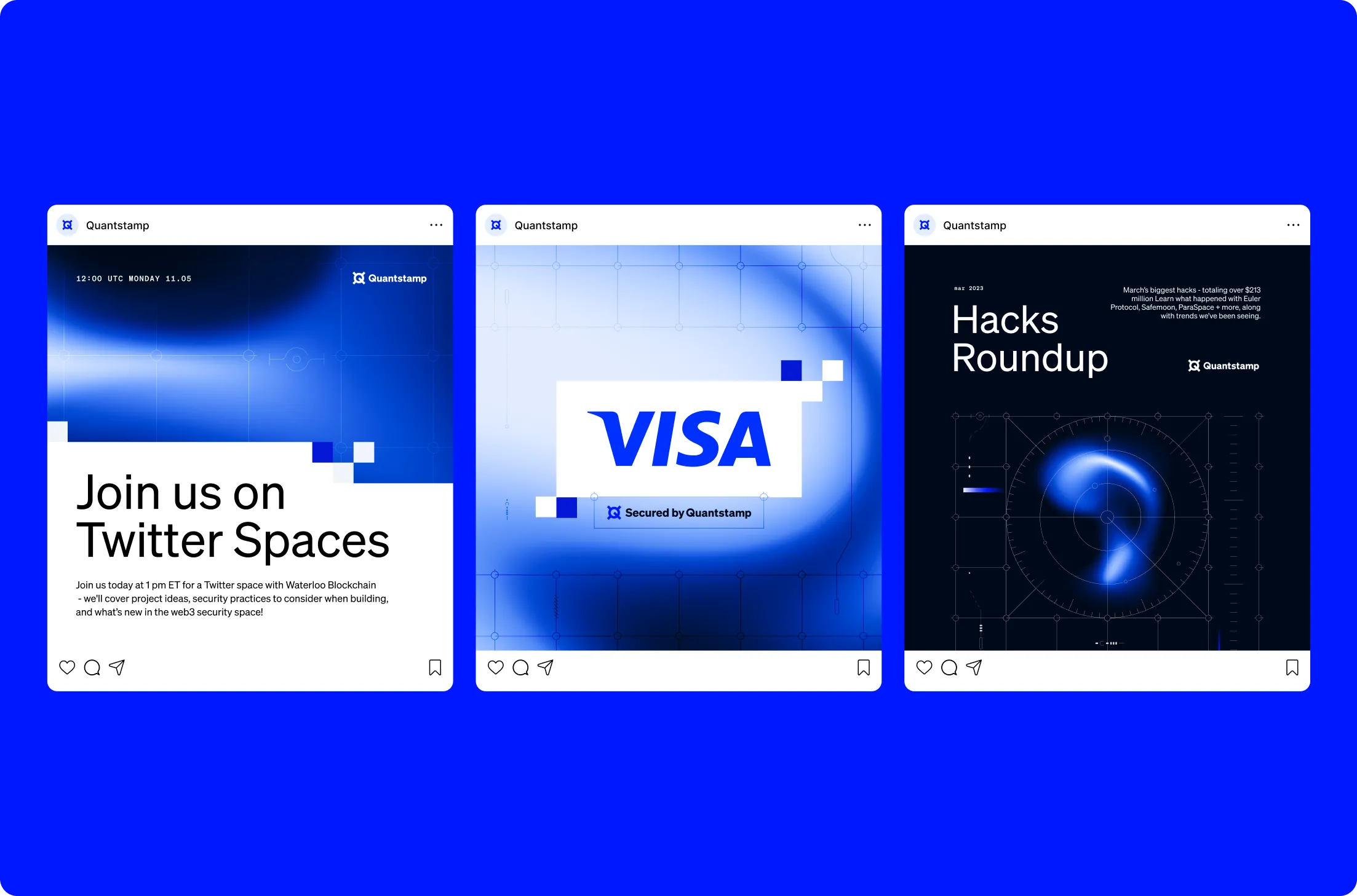Three Quantstamp social media posts: left invites to join a Twitter Spaces event on web3 security; center features Visa logo with 'Secured by Quantstamp'; right displays 'Hacks Roundup' with summary of March 2023 hack losses and trends.
