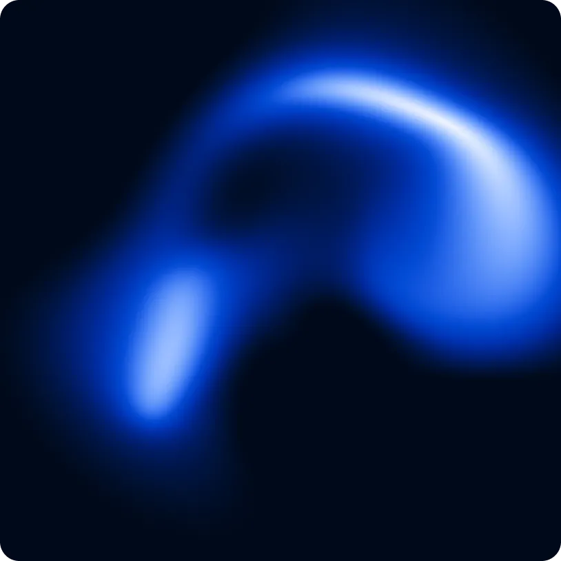 Curved, glowing blue light shape against a dark background, resembling an abstract question mark.