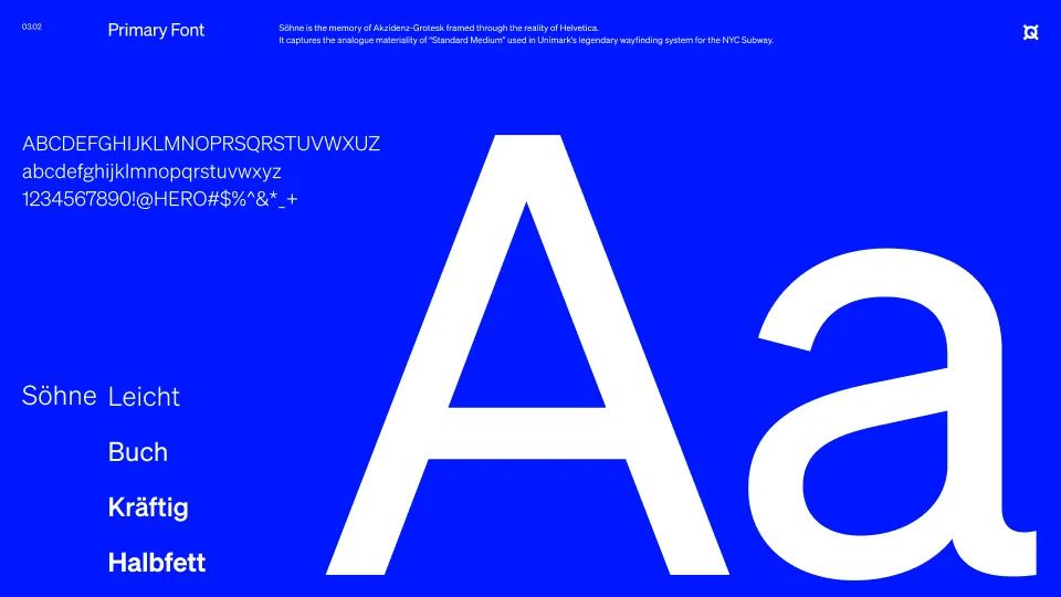 Typography sample of the Söhne font showing uppercase and lowercase letters, numbers, and symbols on a blue background with font style examples Leicht, Buch, Kräftig, Halbffet.