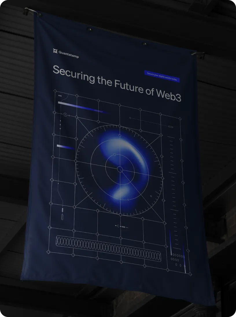 Dark blue banner with 'Quantstamp' logo and text 'Securing the Future of Web3' above a futuristic digital circular design.