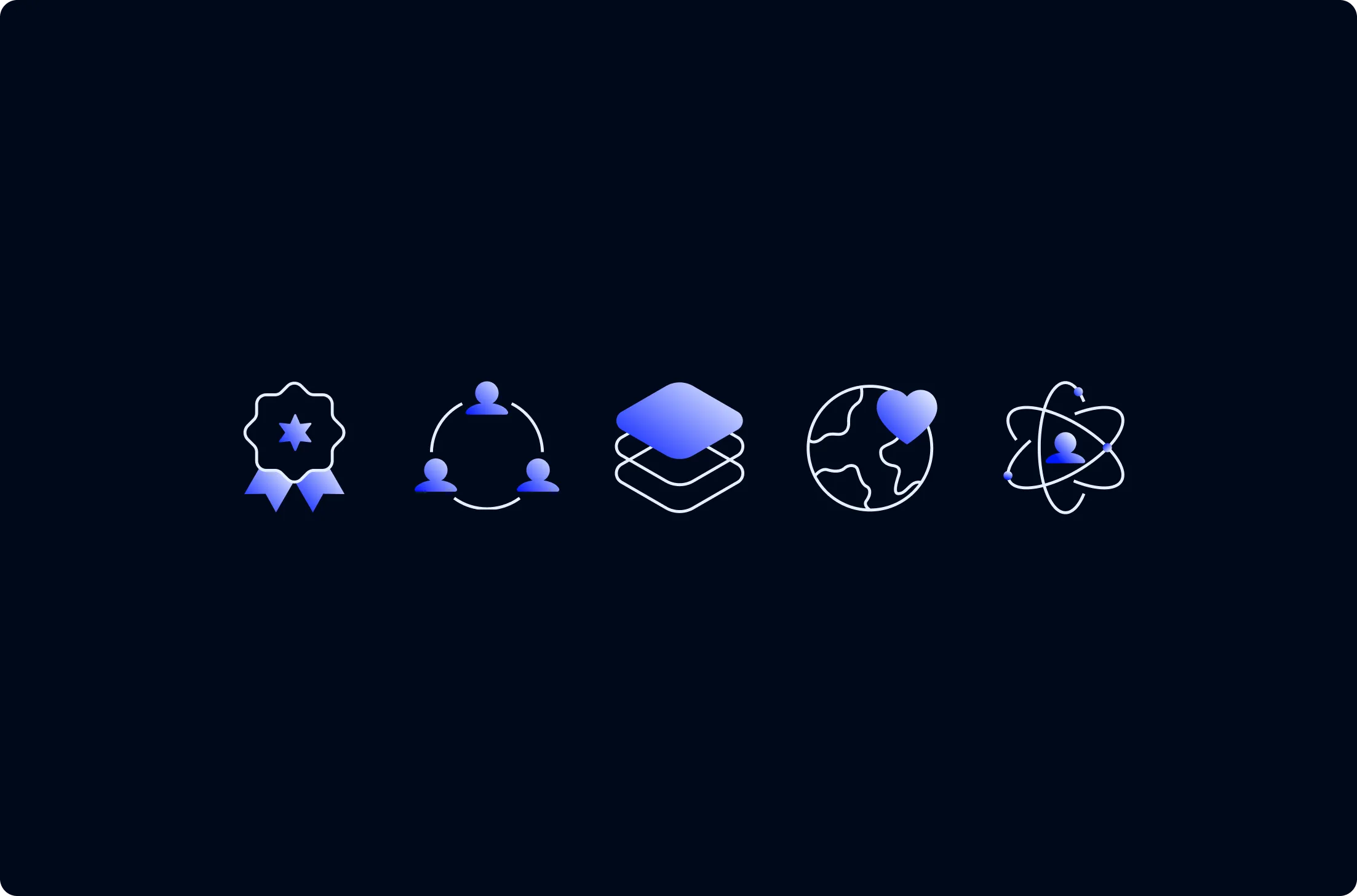 Row of five blue and white icons on dark background representing award ribbon, connected people, layered squares, globe with heart, and atom with person.
