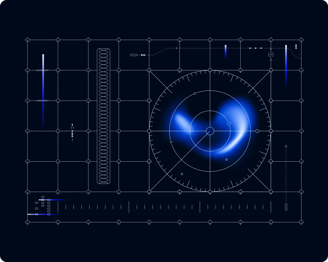 Futuristic blue radar screen with grid lines and glowing circular wave patterns on a dark background.