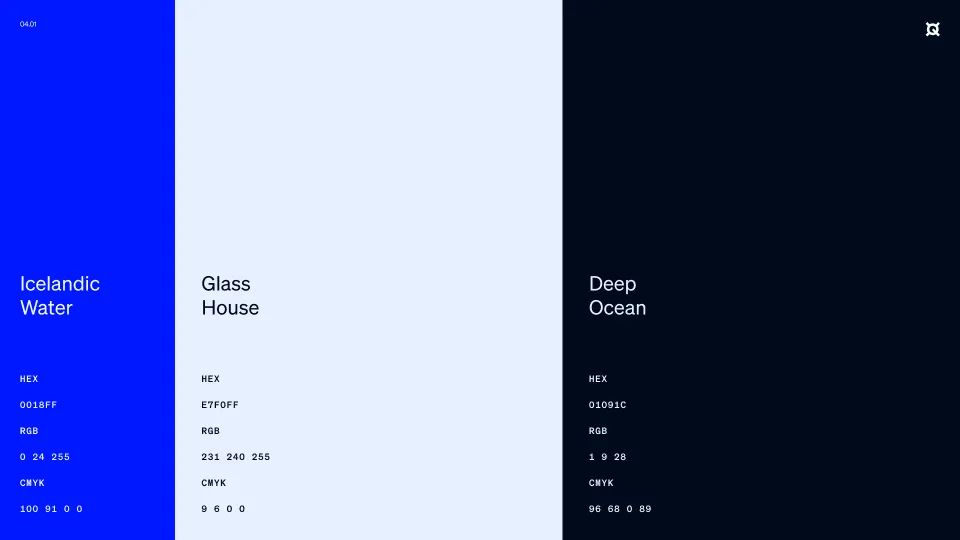 Three vertical color panels with names and color codes: Icelandic Water (bright blue), Glass House (light blue), Deep Ocean (dark navy).