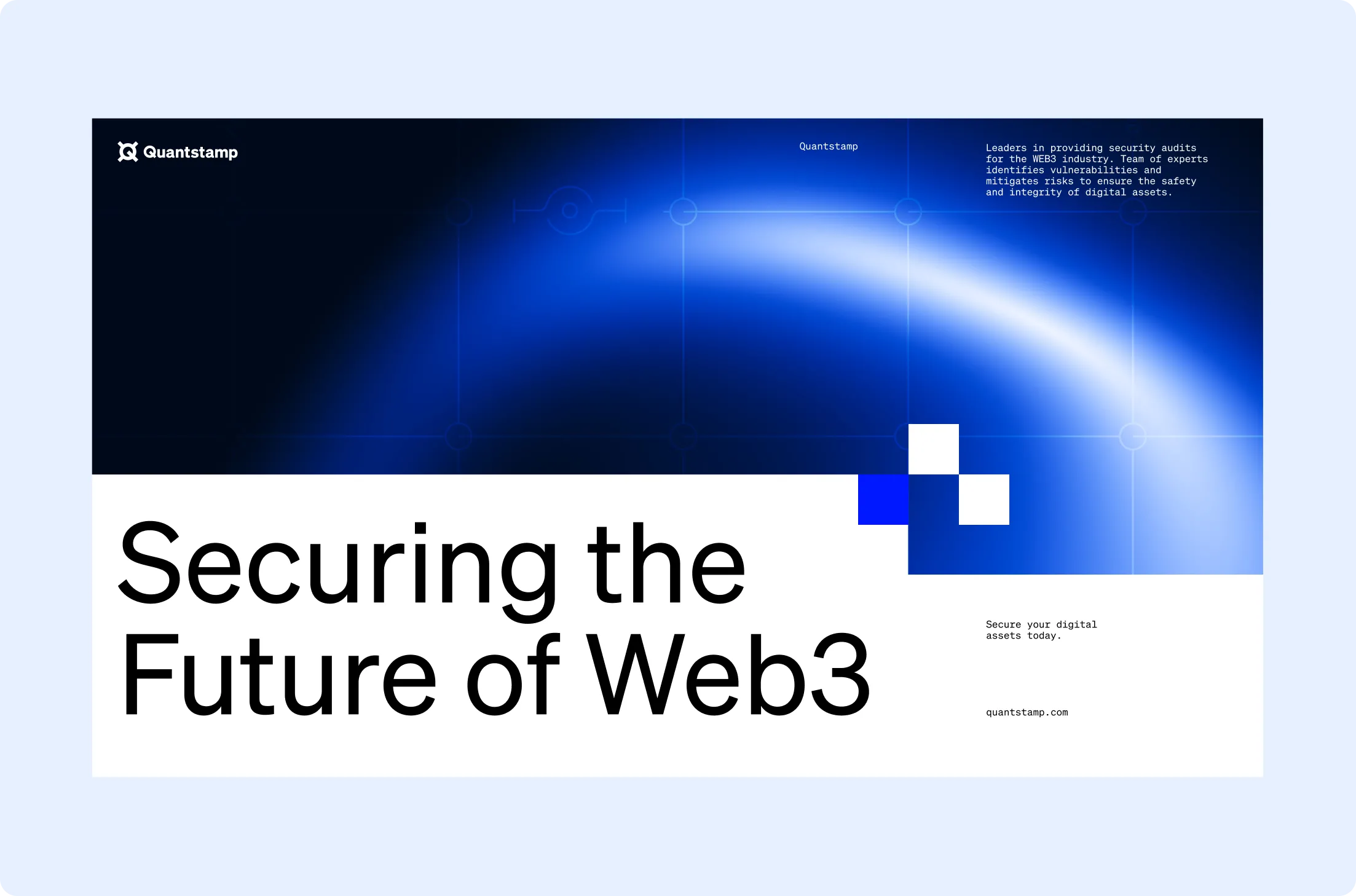 Quantstamp banner with blue gradient graphic and text 'Securing the Future of Web3' promoting digital asset security audits.