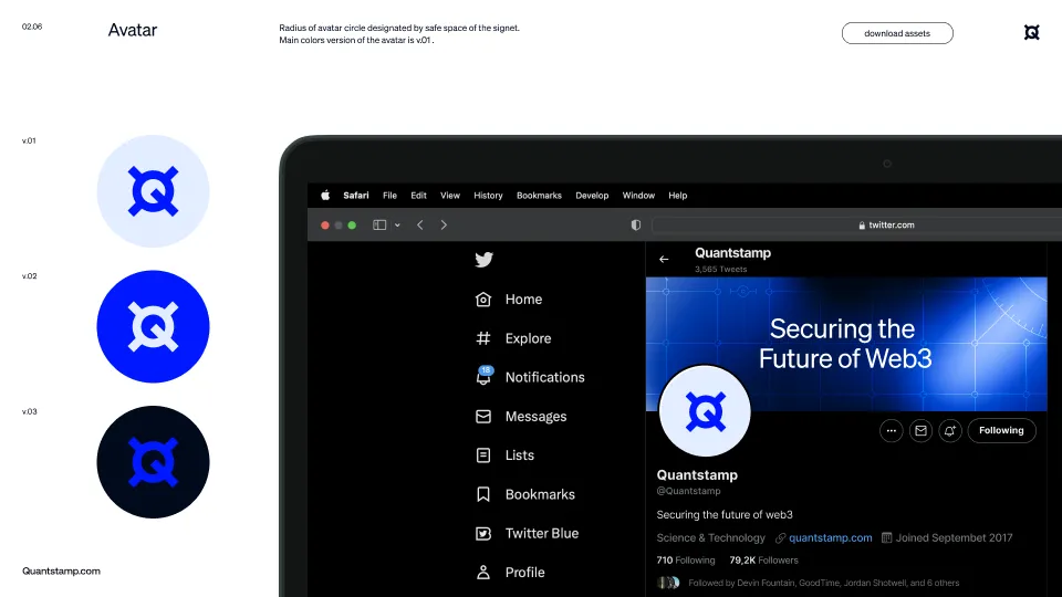 Quantstamp avatar logo variations in blue shades and a browser window showing Quantstamp's Twitter profile with the banner text 'Securing the Future of Web3'.