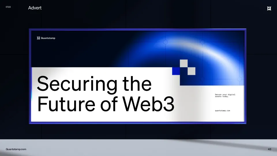 Digital billboard with text 'Securing the Future of Web3' and a blue abstract background, promoting Quantstamp.