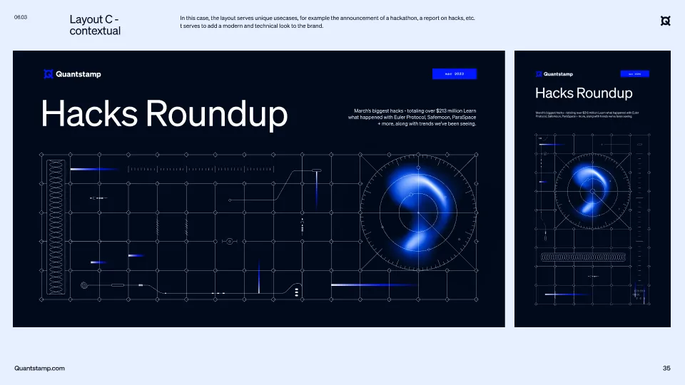Two digital layouts titled 'Hacks Roundup' by Quantstamp featuring abstract futuristic blue circular graphics and grid lines on a dark background.