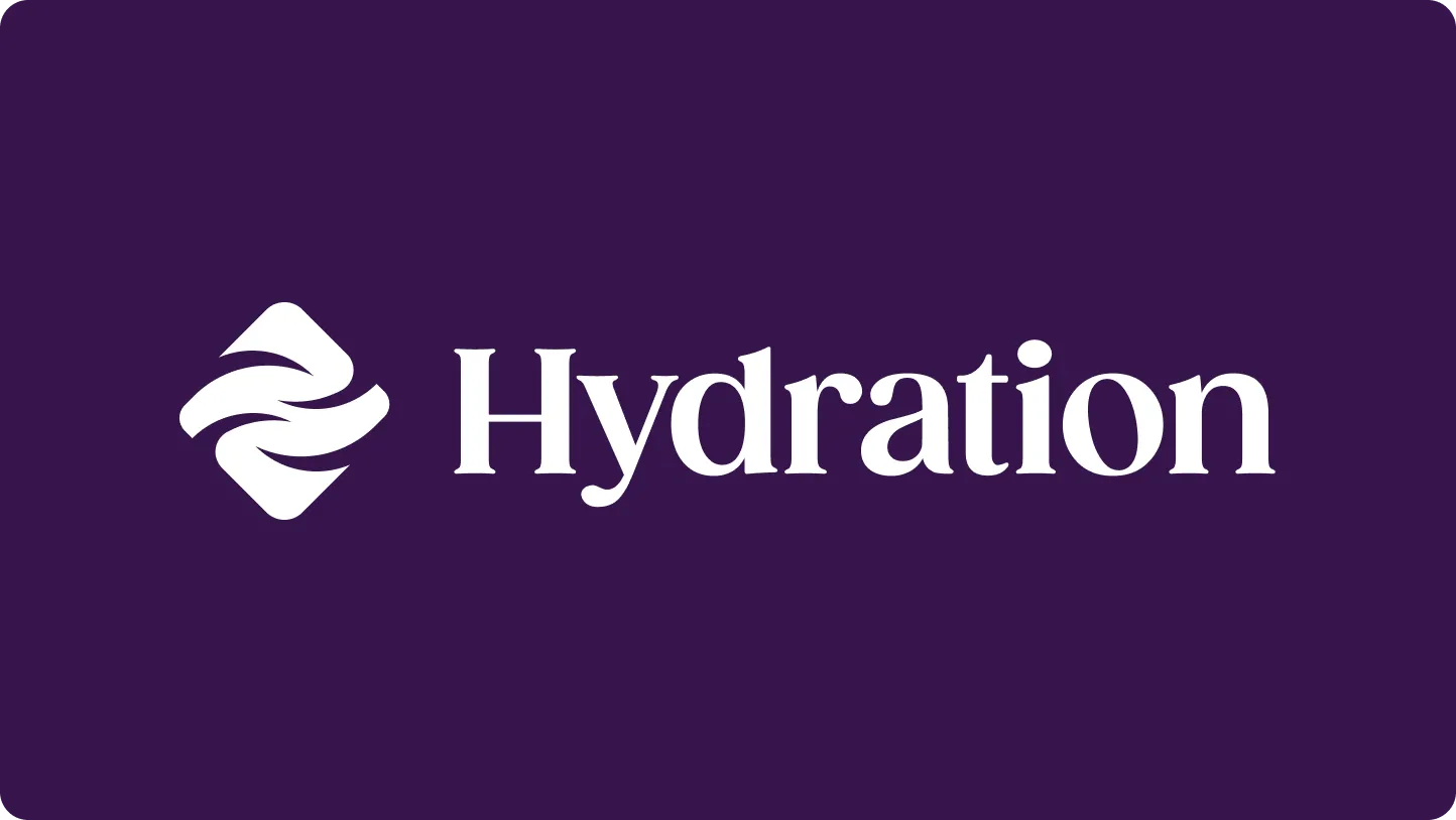 White Hydration logo with stylized water wave icon on a dark purple background.