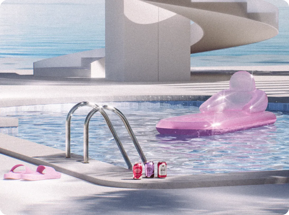 Empty pool with metal ladder, a pink inflatable lounge in the water, three colorful cans on pool edge, and pink flip-flops on the ground.